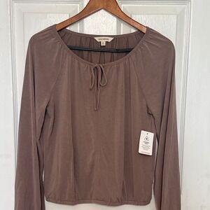 Lucky Brand Womens Long Sleeve Peasant Top Taupe Brown Elastic Hem Small NEW